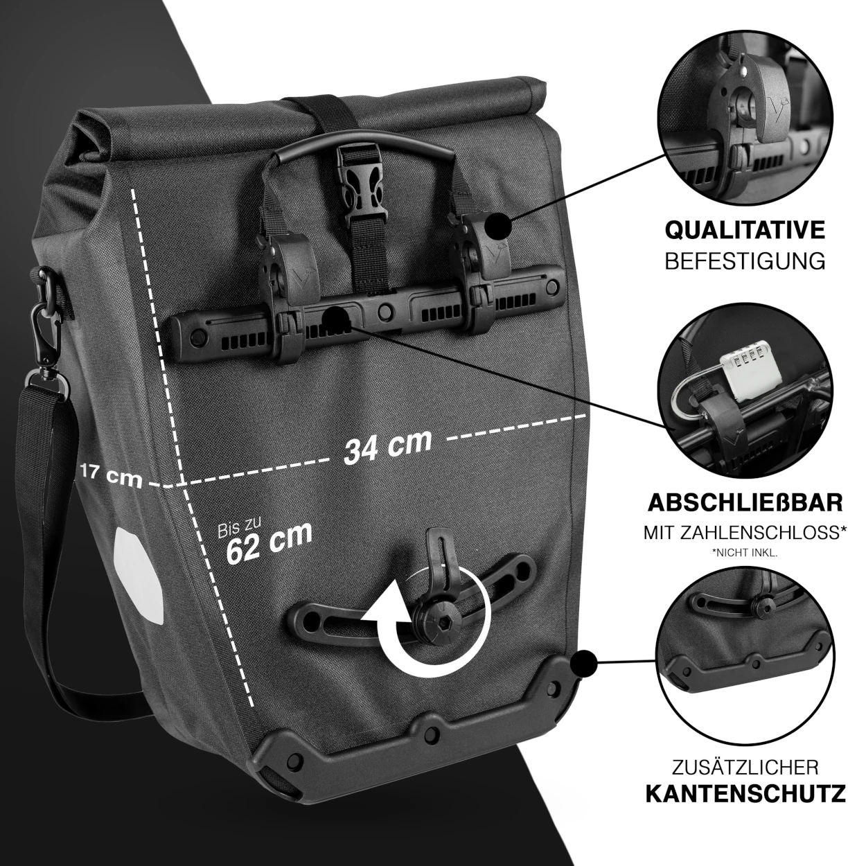 Valkental Bike Bag Urban Gepäckträgertasche - Black Reflective, 22l - 28l Volumen, PVC-frei