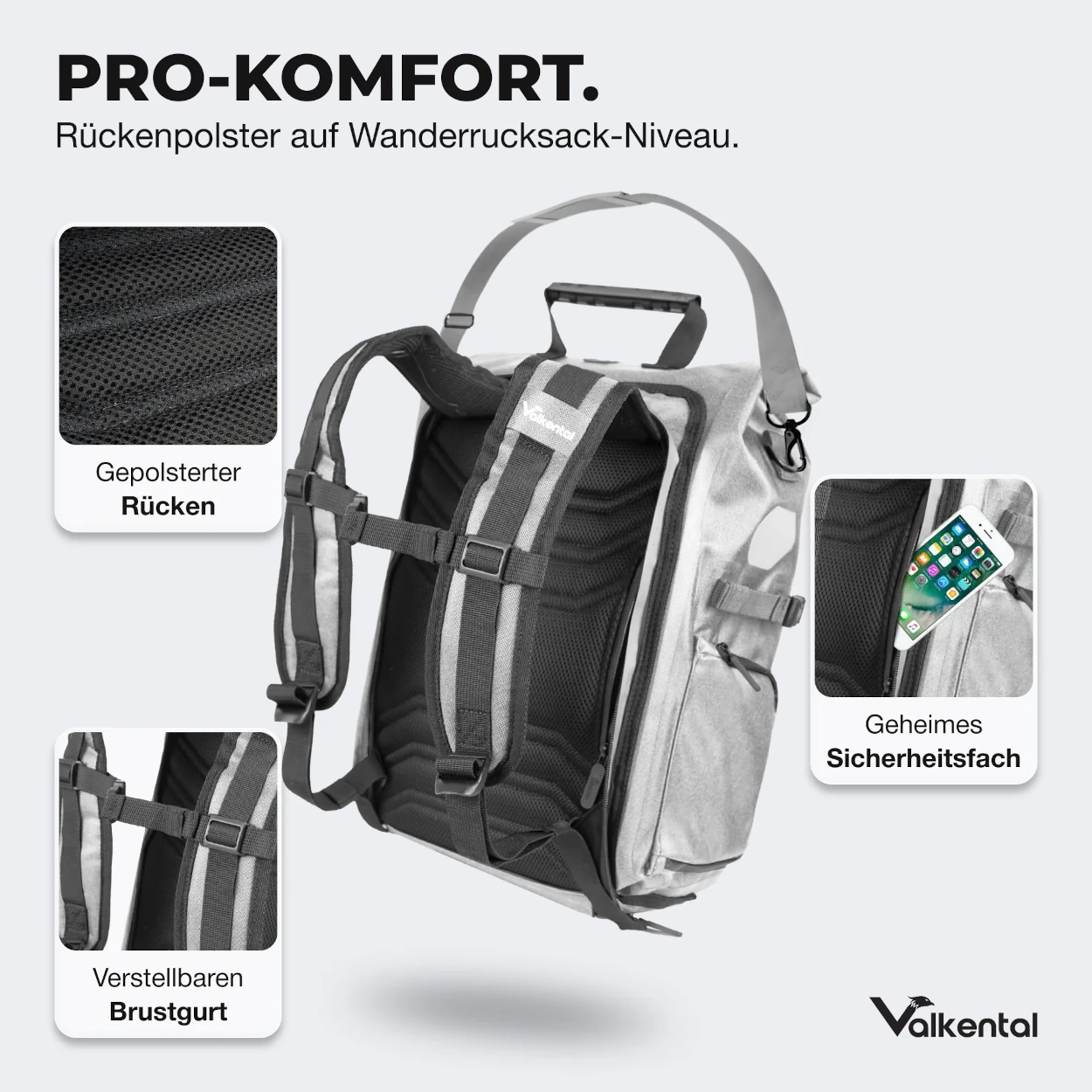 Valkental ValkPro 3in1 Fahrradtasche - Grey Reflective, 22l bis 26l Volumen
