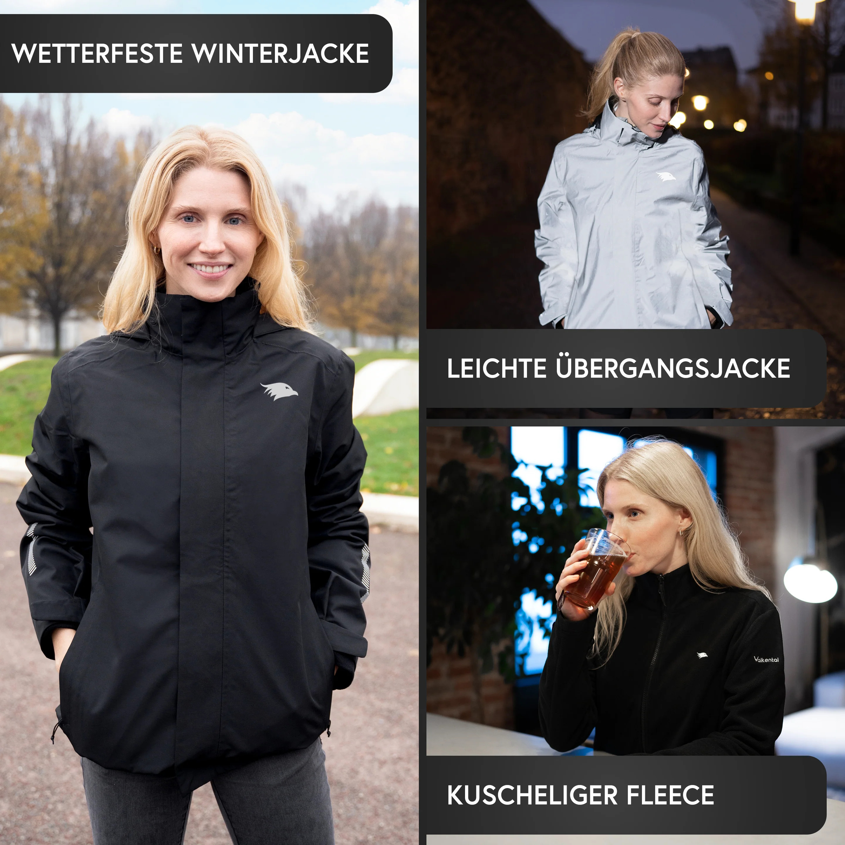 Valkental 3in1 Smart Jacket, Wasserdichte Jacke - mit Fleece, Damen, Reflective/Schwarz, L
