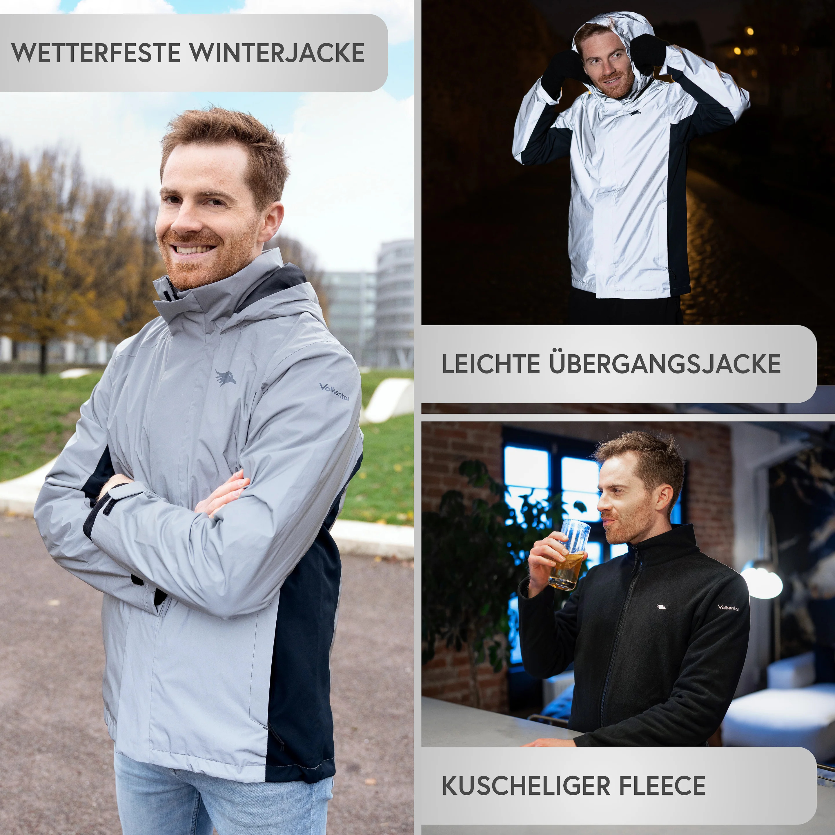 Valkental 3in1 Smart Jacket, Wasserdichte Jacke - mit Fleece, Herren, Reflective/Grau, M