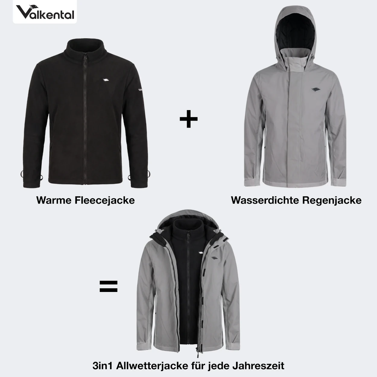 Valkental 3in1 Smart Jacket, Wasserdichte Jacke - mit Fleece, Damen, Reflective/Grau, 2XL