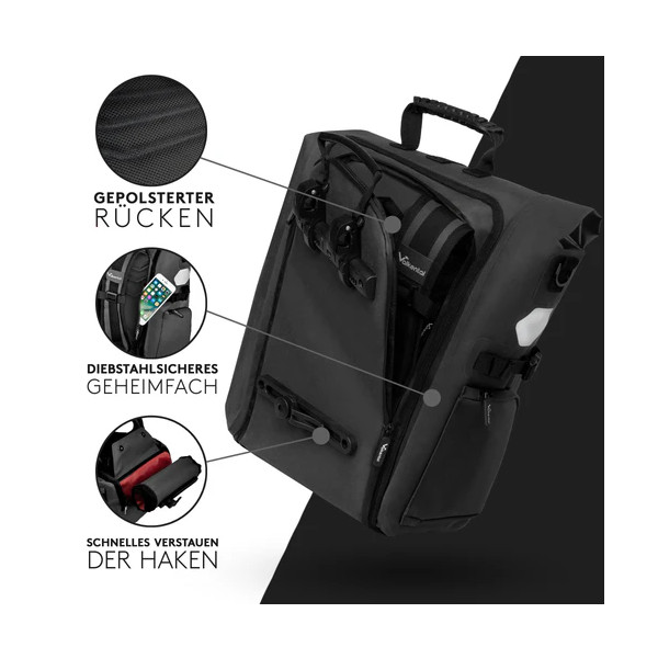 Valkental ValkPro 3in1 Fahrradtasche, Schwarz - 22l bis 26l Volumen