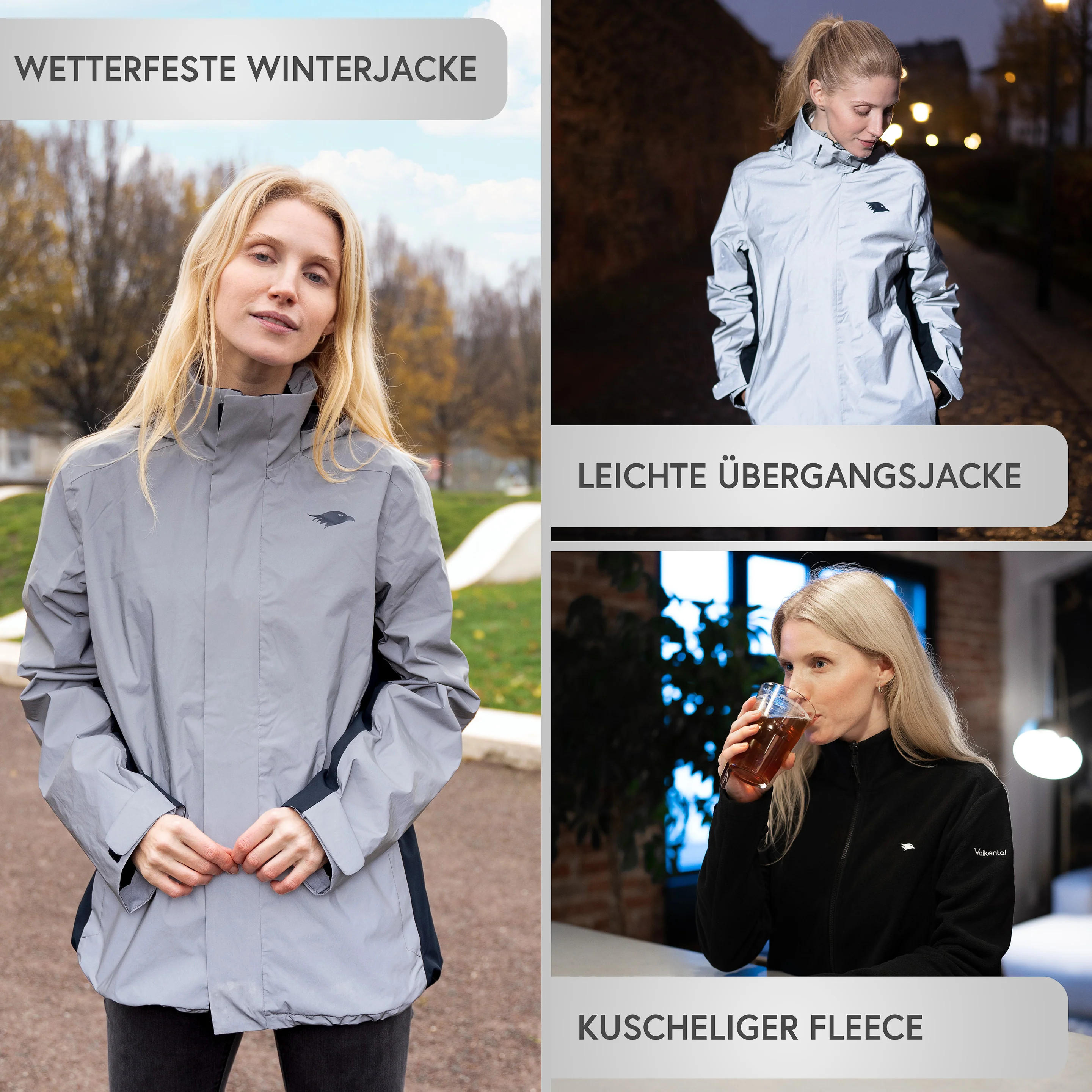 Valkental 3in1 Smart Jacket, Wasserdichte Jacke - mit Fleece, Damen, Reflective/Grau, XL