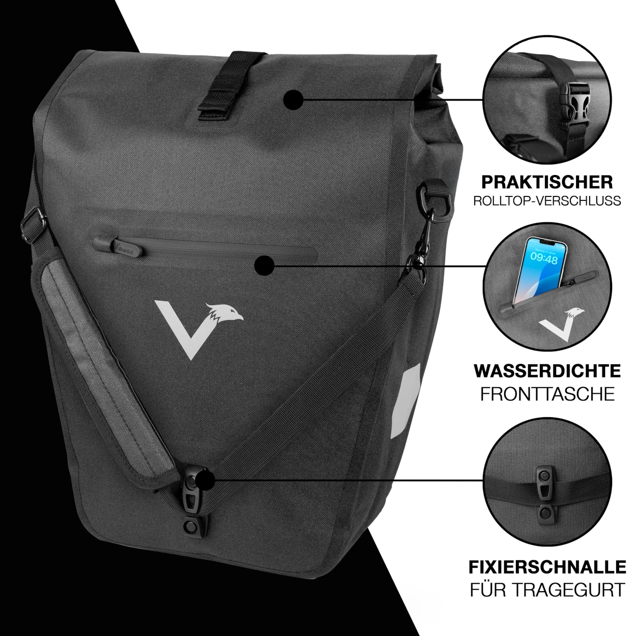 Valkental Bike Bag Urban Gepäckträgertasche - Black Reflective, 22l - 28l Volumen, PVC-frei