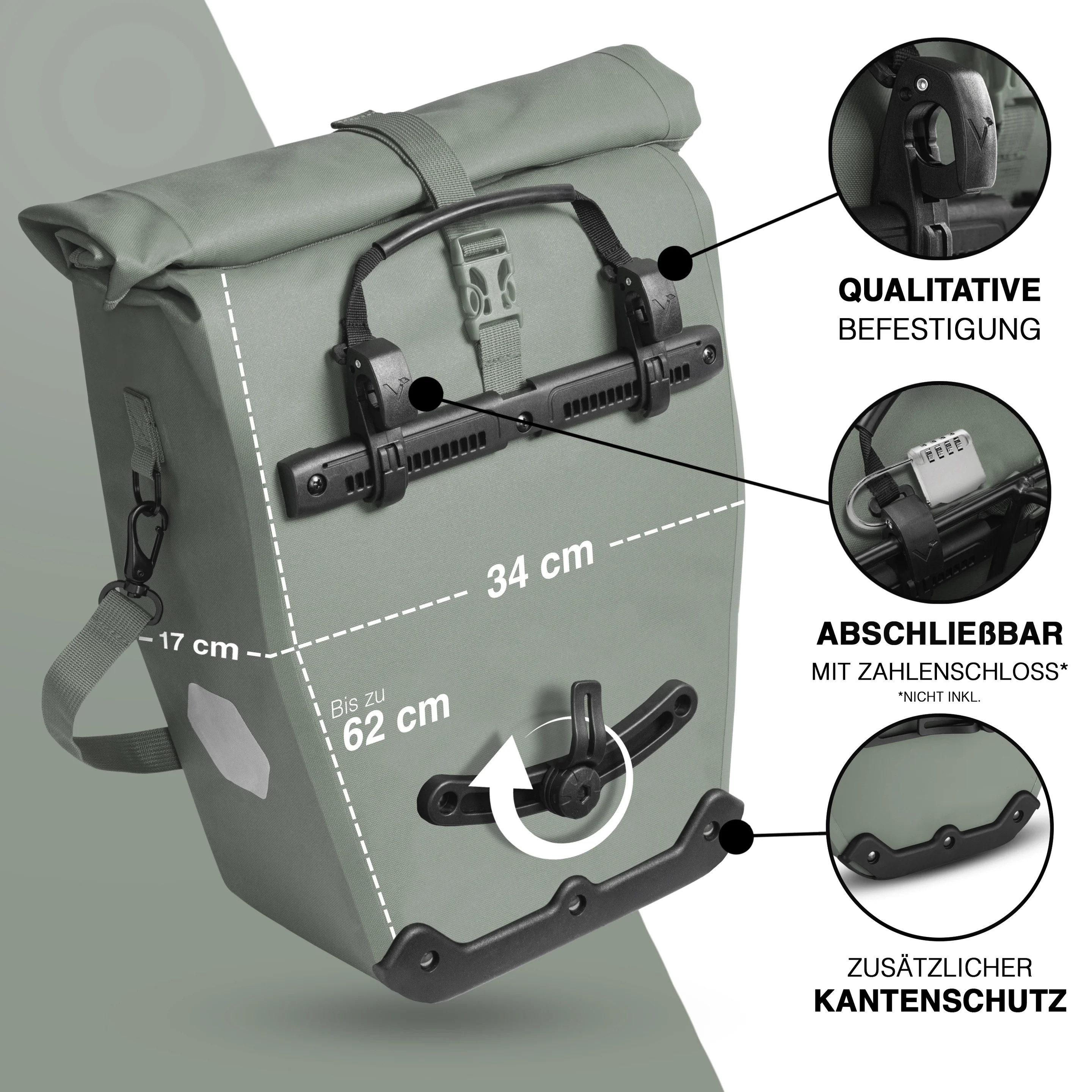 Valkental Bike Bag Urban Gepäckträgertasche - Seegras, 22l - 28l Volumen, PVC-frei