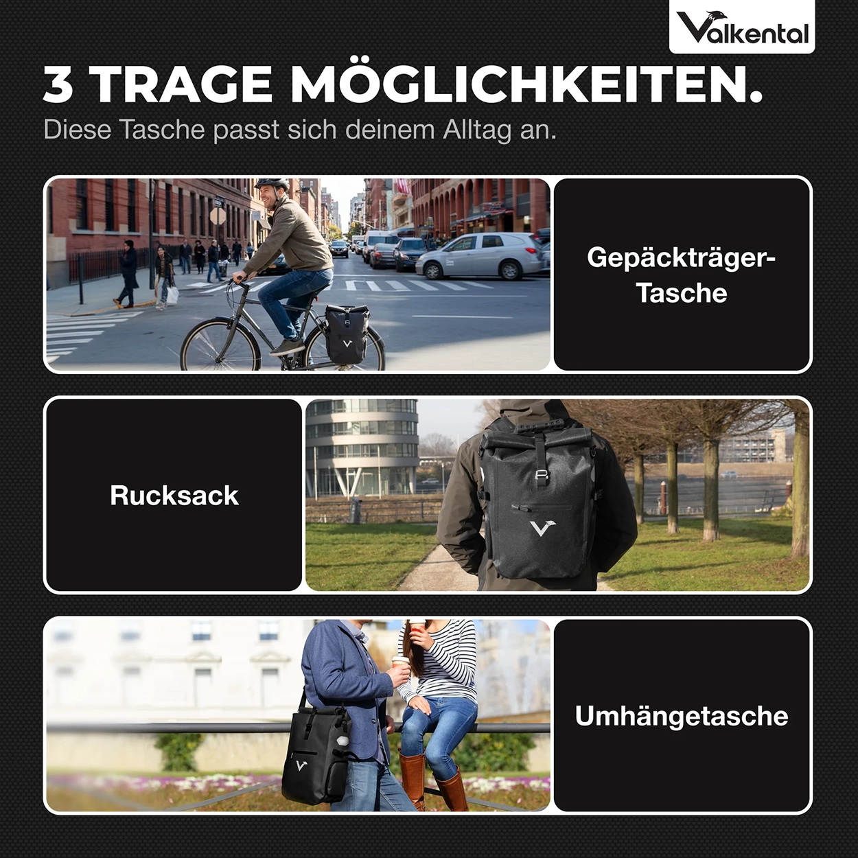 Valkental ValkPro 3in1 Fahrradtasche - Grey Reflective, 22l bis 26l Volumen