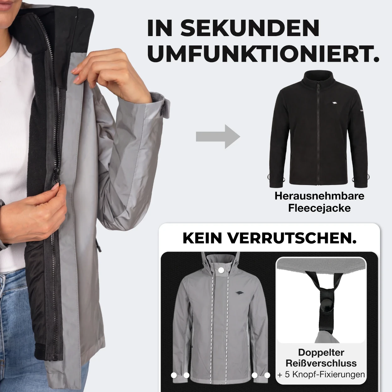 Valkental 3in1 Smart Jacket, Wasserdichte Jacke - mit Fleece, Damen, Reflective/Grau, 2XL