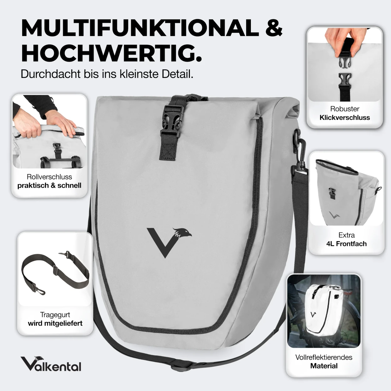 Valkental Bike Bag Gepäckträgertasche, Reflective - 32l Volumen