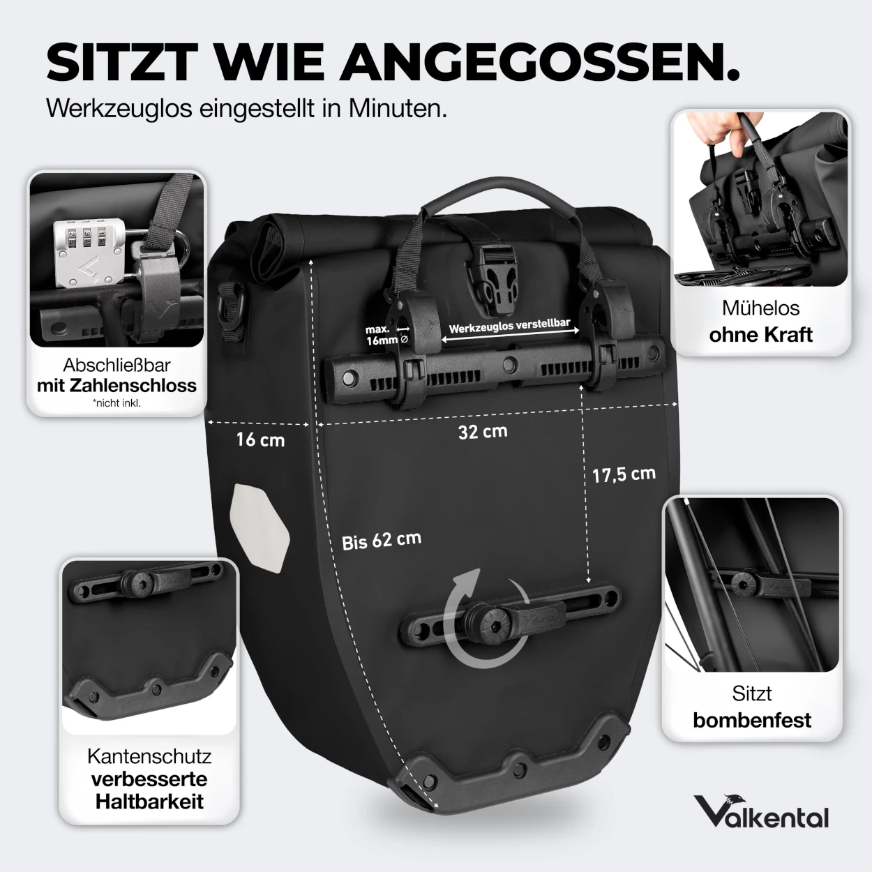 Valkental Bike Bag Gepäckträgertasche, Black - 32l Volumen