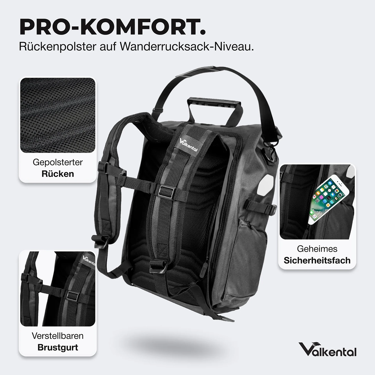 Valkental ValkPro 3in1 Fahrradtasche - Schwarz Reflective, 22l bis 26l Volumen