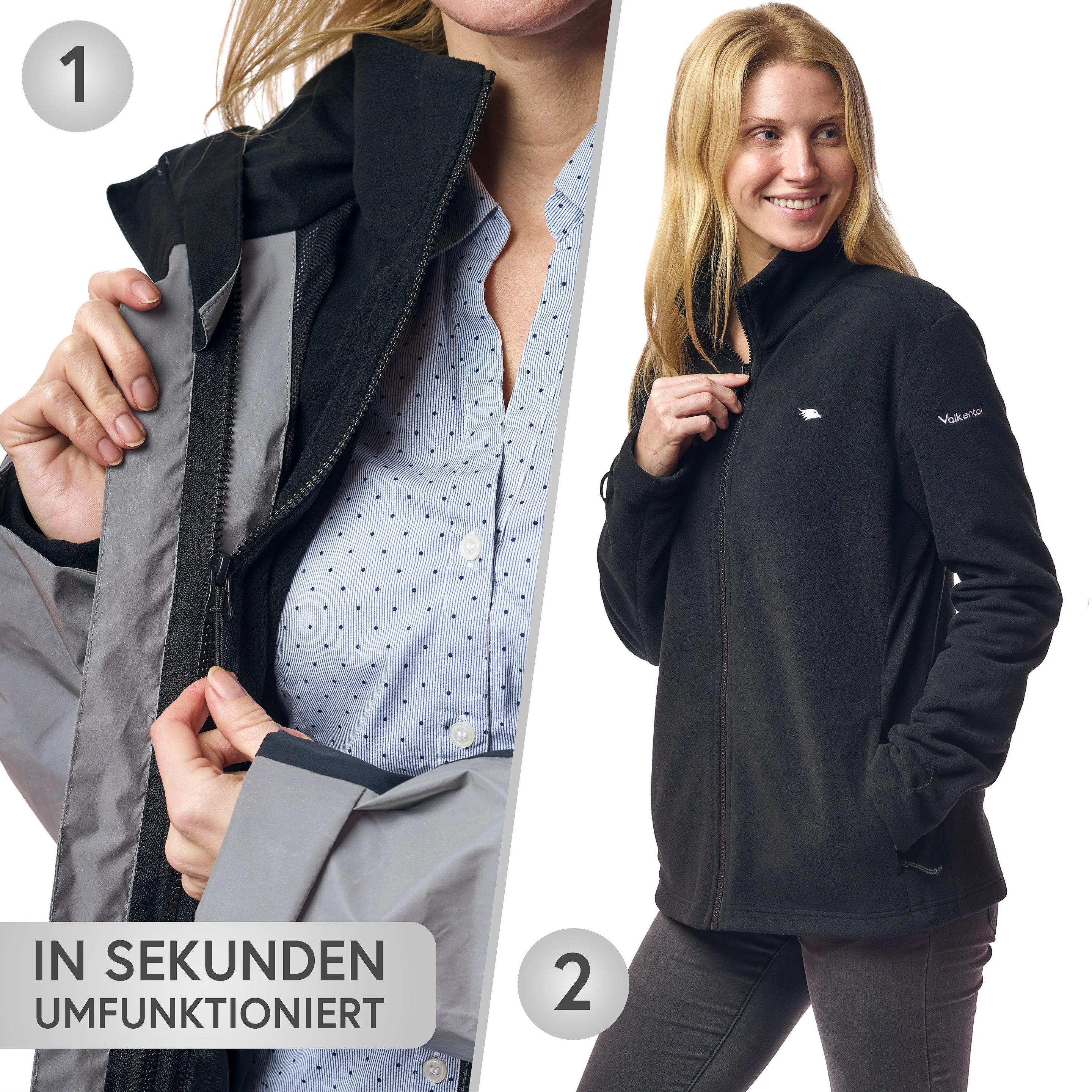 Valkental 3in1 Smart Jacket, Wasserdichte Jacke - mit Fleece, Damen, Reflective/Grau, XL
